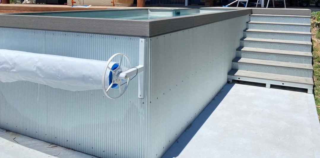 Compass Pools Australia P Compass Pools Australia Pool with Pool Cover & Pool Roller in Refresh 6.1m Grey Marble